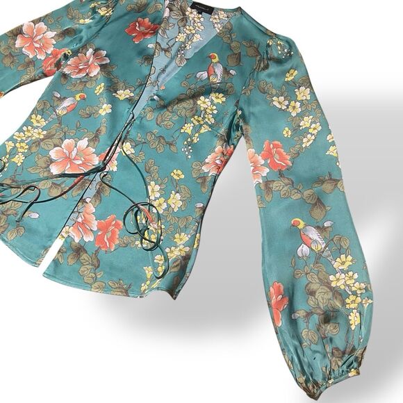 Majorelle Blouse Top Women Size S Green Floral Bird Print Long Sleeve Open Front - Picture 10 of 14